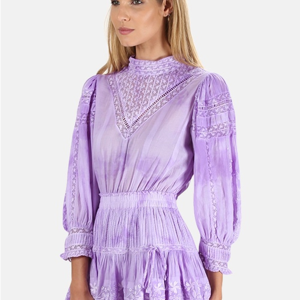 LOVESHACKFANCY Purple Tie-Dye Viola Mini Dress Ruffles Embroidery Cottagecore - Picture 3 of 14